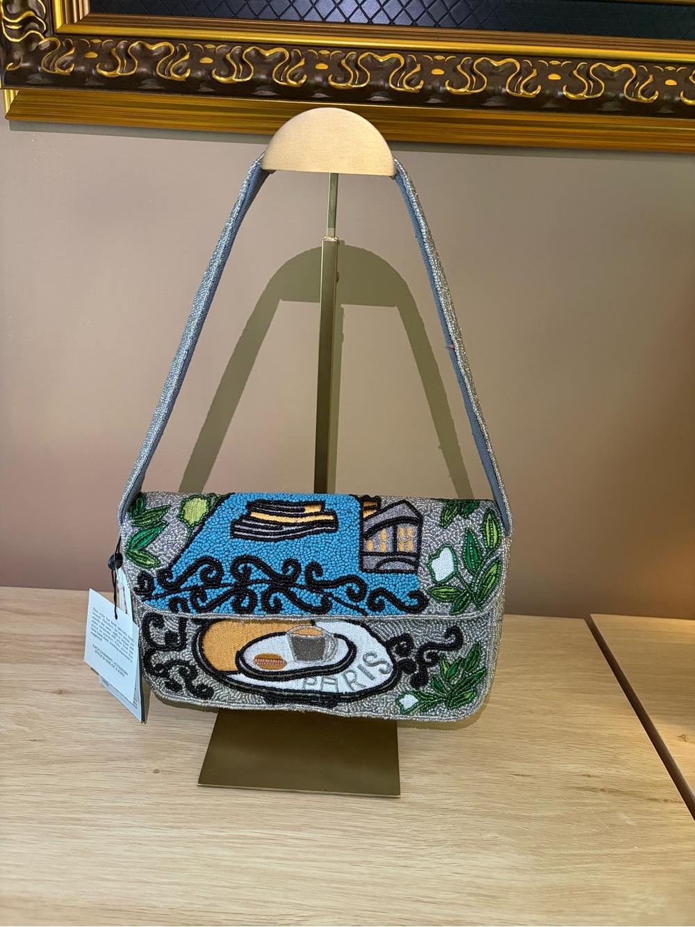 Beaded Multicolor Paris Shoulder Bag with Illustrated Motif
